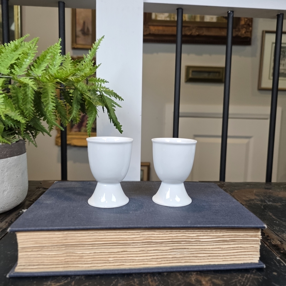 Set of 2 White Ceramic Pedestal Egg Cups | Minimalist Breakfast Serving Dishes